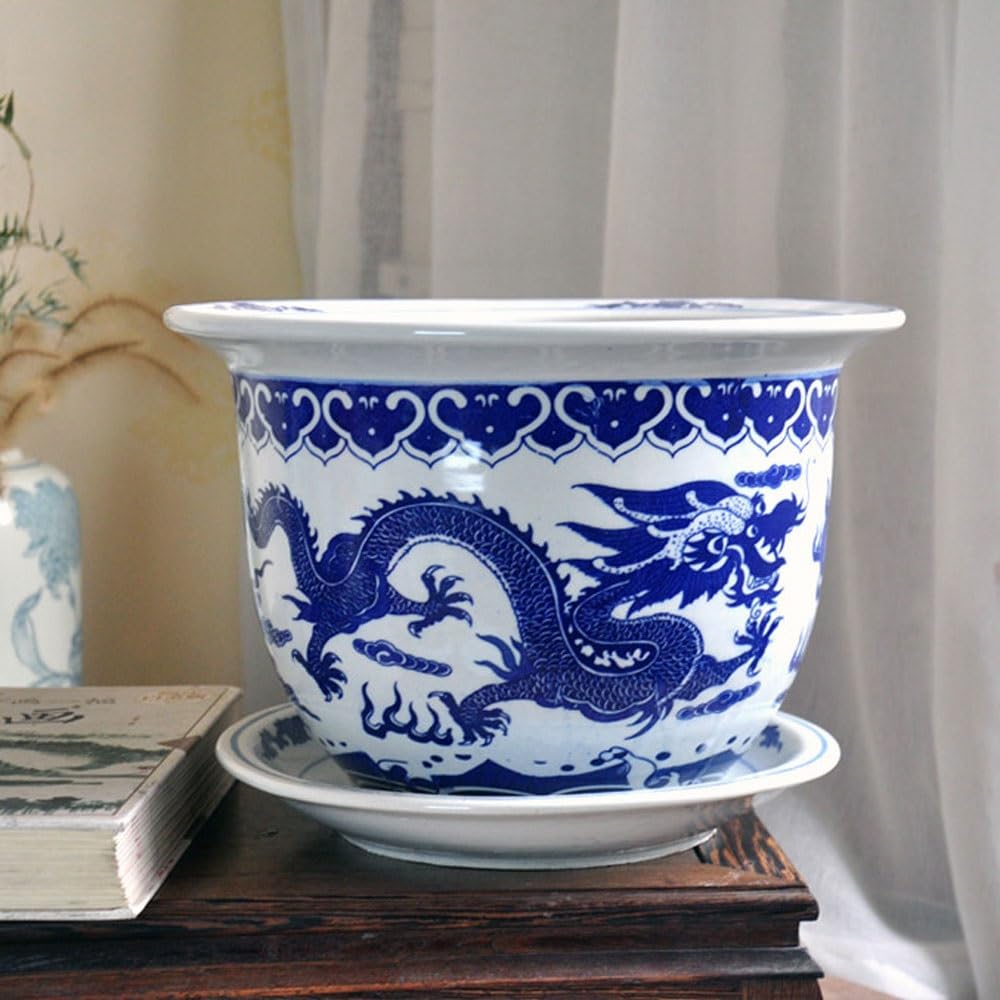 Chińska niebiesko-biała porcelanowa doniczka z dużym motywem smoka, ceramiczna doniczka na kwiaty, orientalna porcelanowa doniczka do dekoracji wewnątrz i na zewnątrz (29 cm x 23 cm)