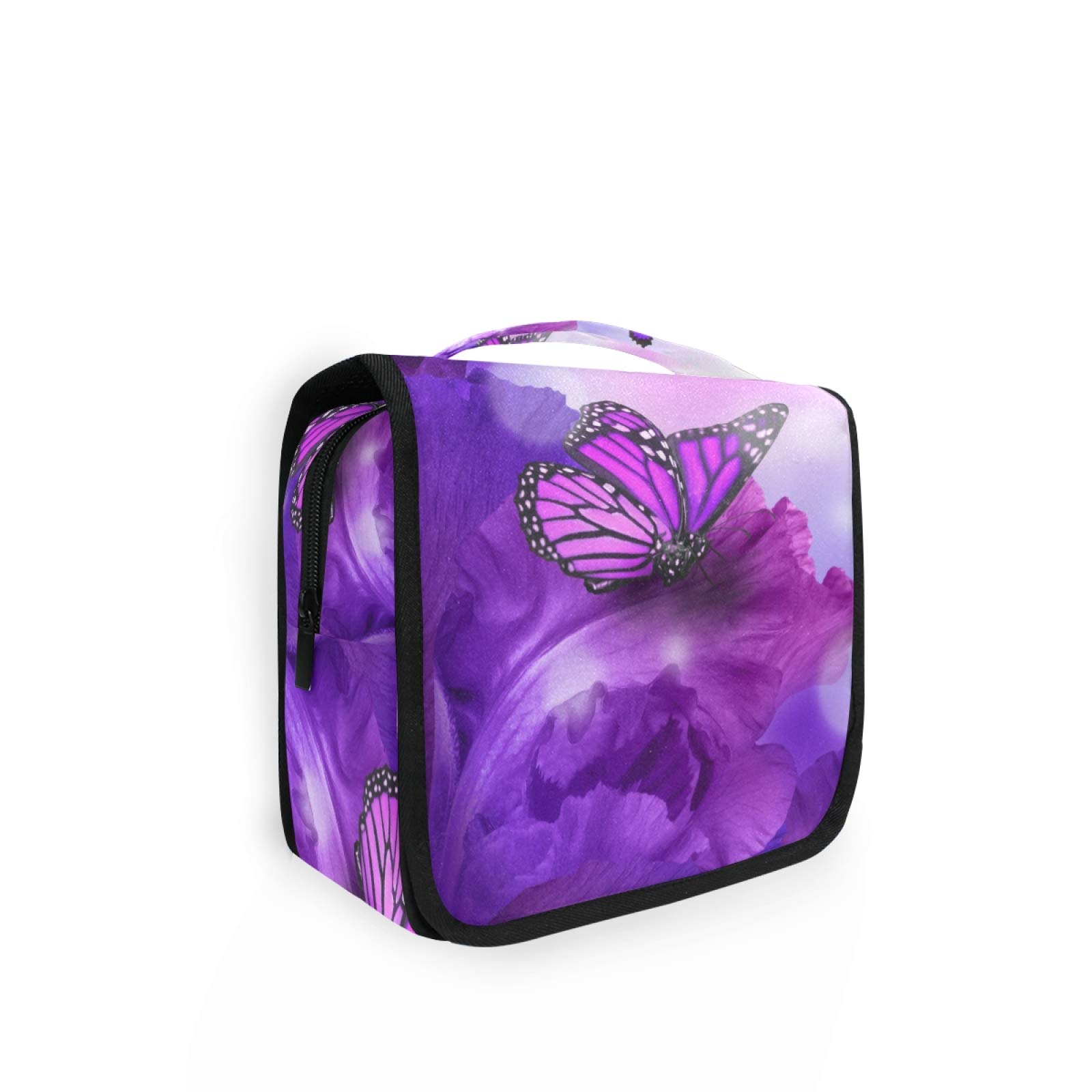 ALAZA Butterfly Purple Flowers Hanging Toiletry Bag for Women Travel Cosmetics Bag Large Capacity Makeup Pouch with Hook Bathroom Storage Bag Waterproof