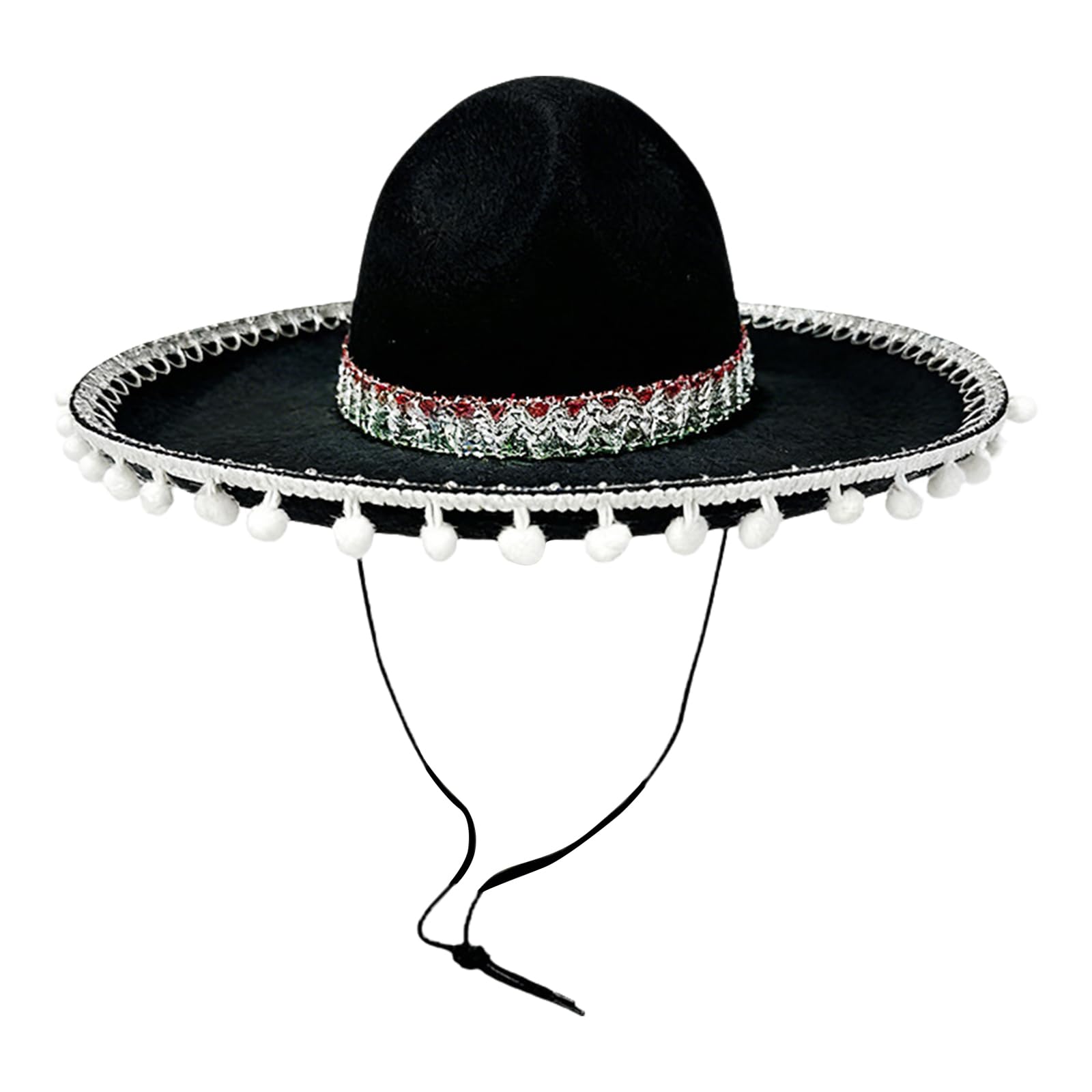 FEESHOW Adult Black Sombrero Hats Mariachi Style Costume Sombrero with Pompom Decor for Cinco De Mayo Black White One Size