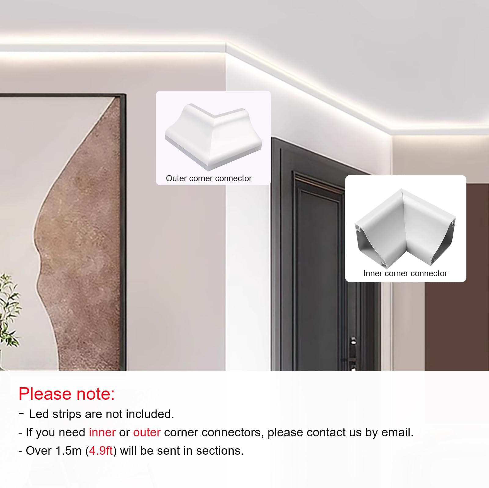 Profili per Strisce Led Illuminazione Battiscopa Diffusore Striscia Led per Interni, Canale in Alluminio Modanatura Corona per Soffitto / Cornicione, Canale Illuminazione Indiretta Decorativa Led(3.0m