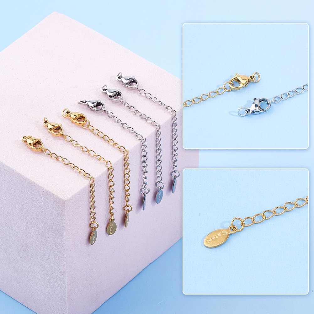 DICOSMETIC 24Pcs 2 Colors Bracelet Extender Chains Bulk Stainless Steel Extender Chain End Chains with Lobster Claw Clasps Small Metal Curb Chain Extension with Teardrop for Jewelry Making - Image 4