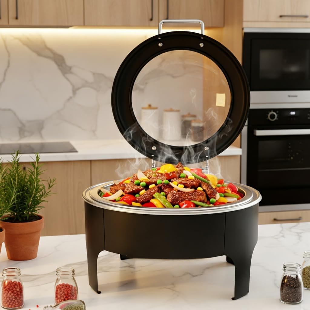 Black Chafing Dishes for Buffet, 6.5L Round Stainless Steel Food Warmers for Parties Buffet with Transparent Hydraulic Lid, Buffet Warmer for Weddings and Events,3 Packs