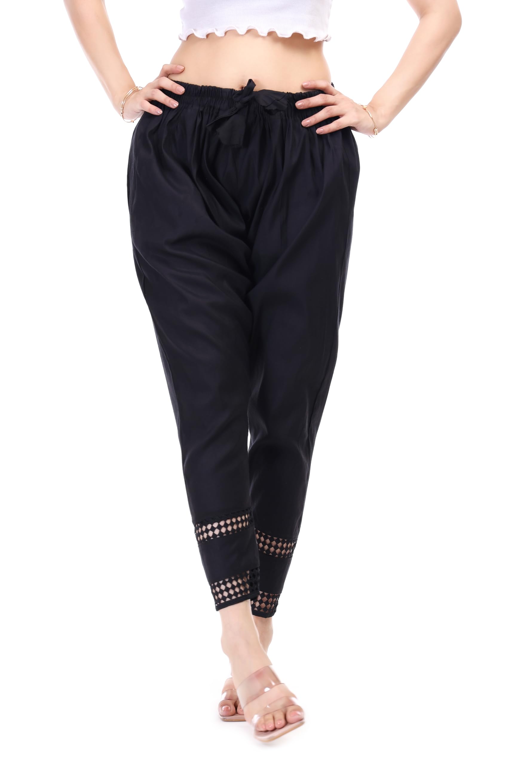 GenericWomen’s Rayon Solid Black Palazzo Pants with Lace – Stylish Z Black Trousers for Women and Girls