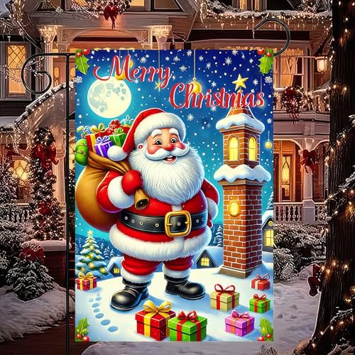 Image of BlissYard Christmas Garden Flag 12x18 Inch Santa Chimney Yard Decor | Double sided polyester, christmas santa chimney scene design, santa themed decor for holiday porch and yard
