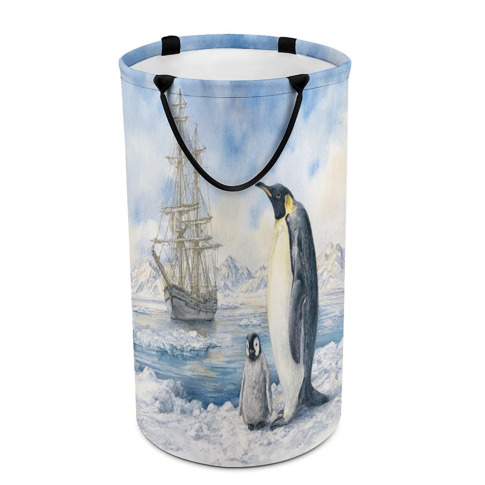 LUYYSKY Beautiful Rustic Cute Penguin Versatile Storage Laundry Basket, Modern Abstract Antarctic Pirate Ship Animal Penguin Large Capacity Bathroom Hamper With Handle