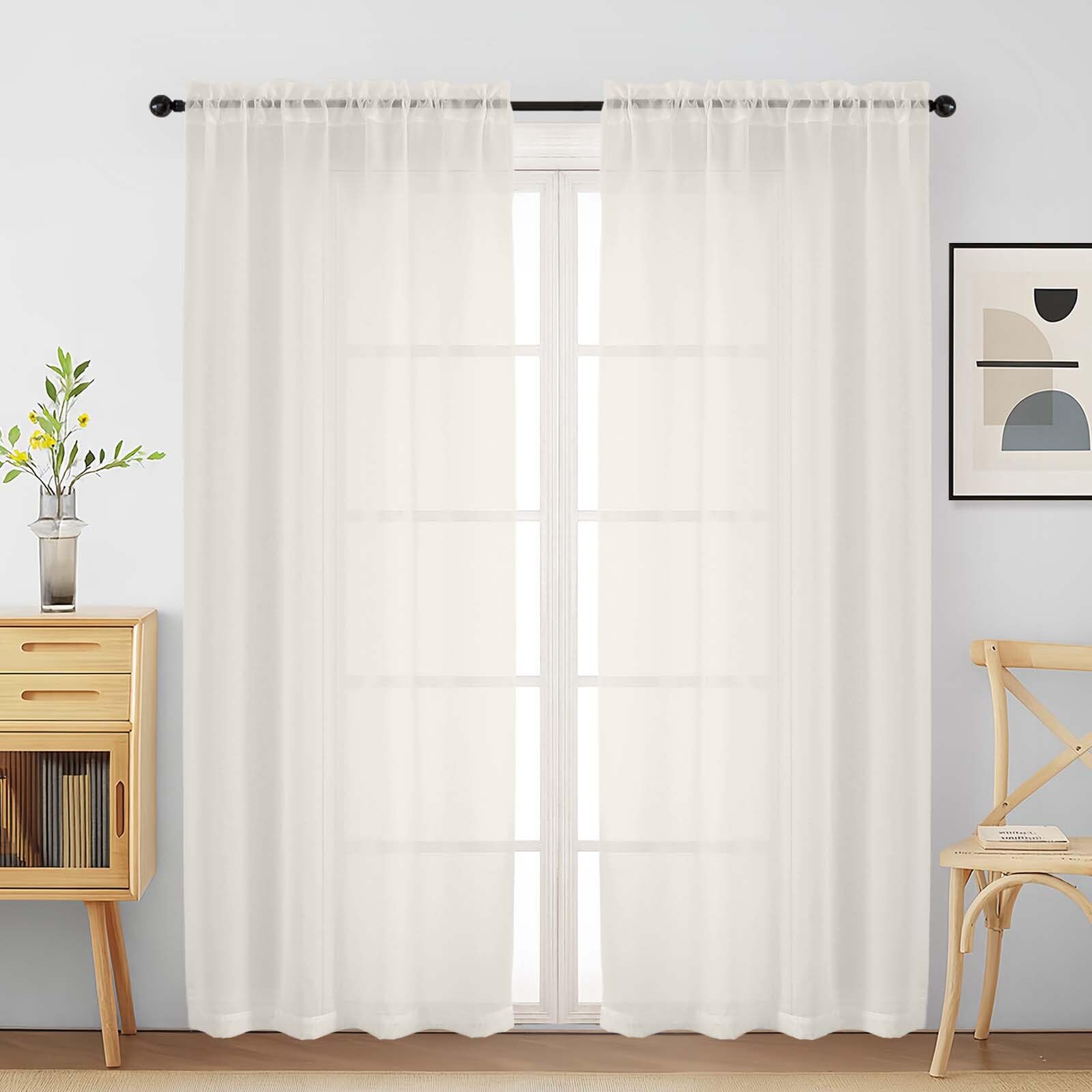 Ebesto Ivory Sheer Curtains for Window 72 inches Long 2 Panels Set, Soft Airy Modern Light Filtering Sheer Curtains for Living Room Bedroom, Dual Rod Pocket Solid Window Drapes, 2x42Wx72L inches