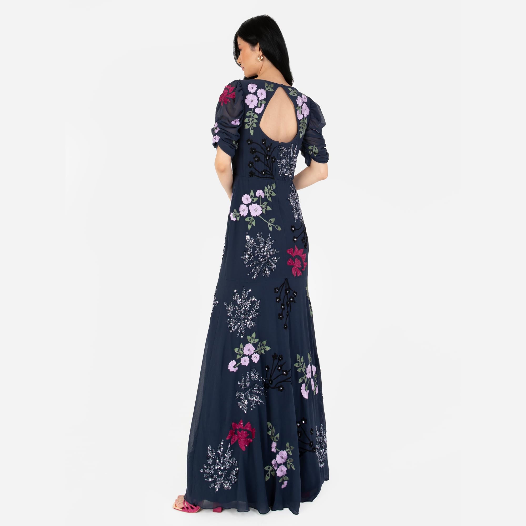 Maya Deluxe Women's Maxi Dress Ladies Embroidered Sweetheart Neckline Ruched Sleeves for Wedding Guest Bridesmaid Prom Ball Gown, Vestido Mujer, Navy,