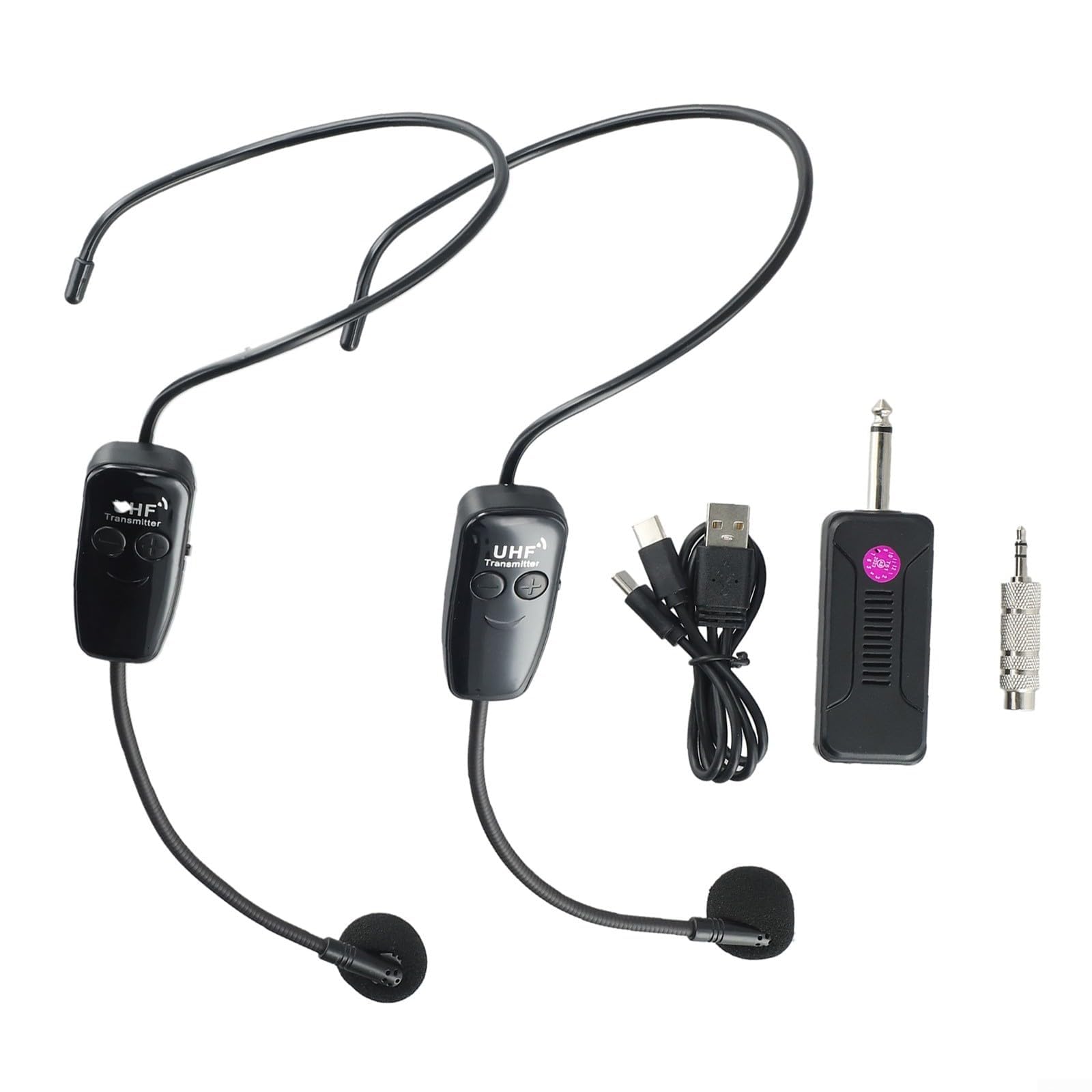 Sistema microfonico wireless UHF, doppio microfono auricolare ricaricabile, portata 50 m, per insegnare lo yoga (U12F)