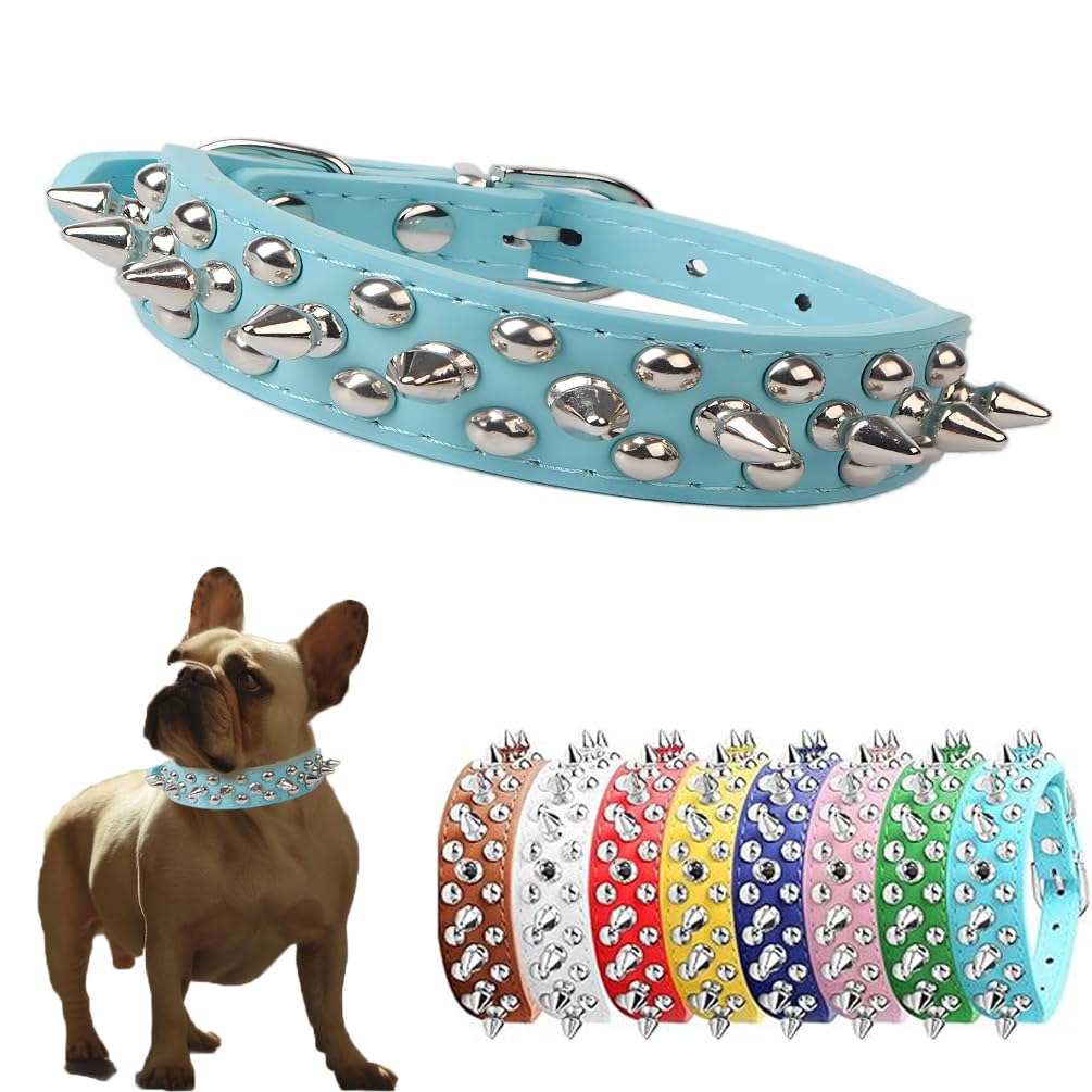 Spiked Dog Collar Soft PU Leather Rivet Spike Puppy Collar Studded Cat Collars Metal Buckle Adjustable For Small Medium Large Breed Pets Like Chihuahua Pug Pit Bull Bulldog, Light Blue XS — image 1