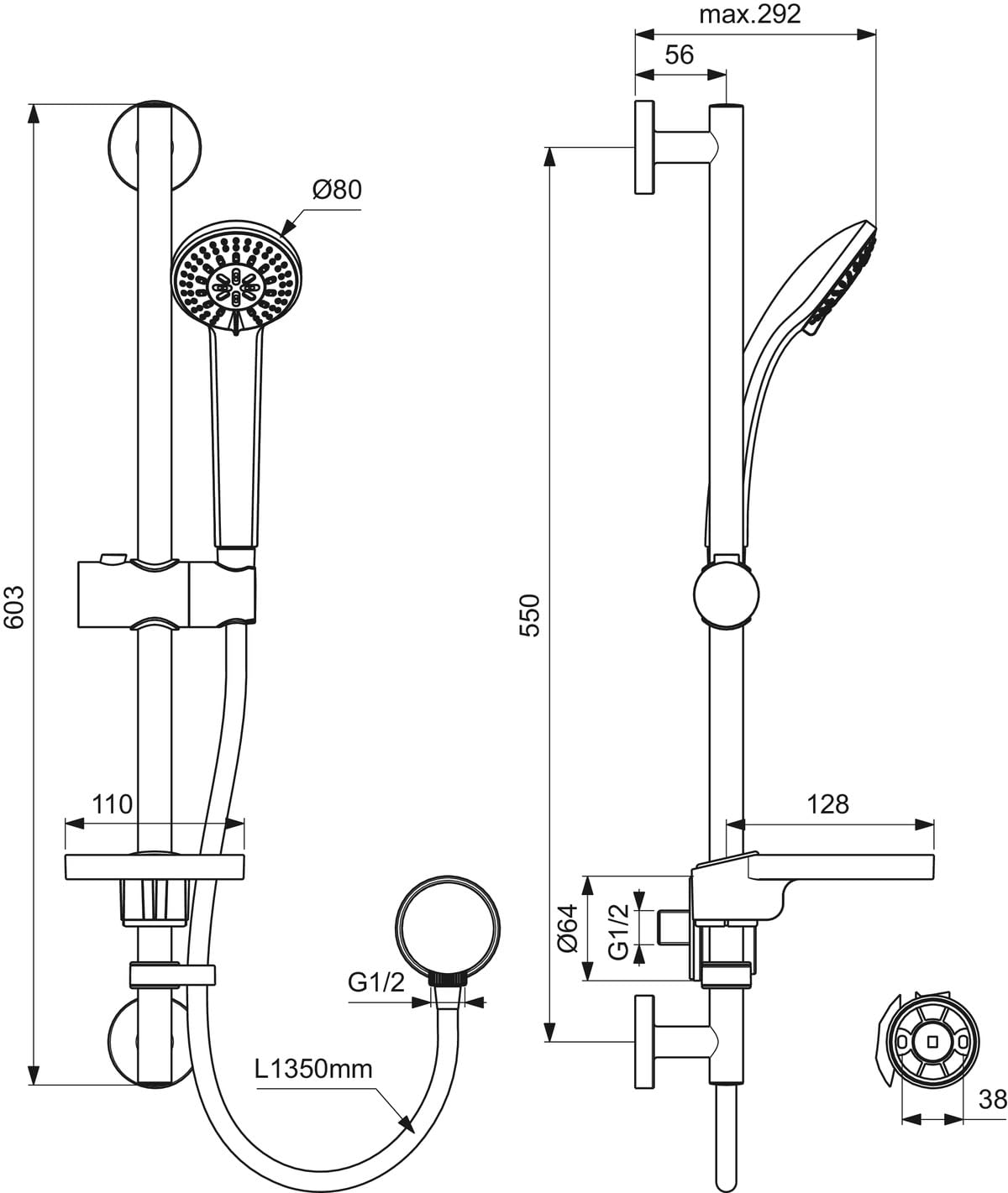Ideal Standard - Idealrain, Kit asta doccia, Saliscendi con accessori, Cromato