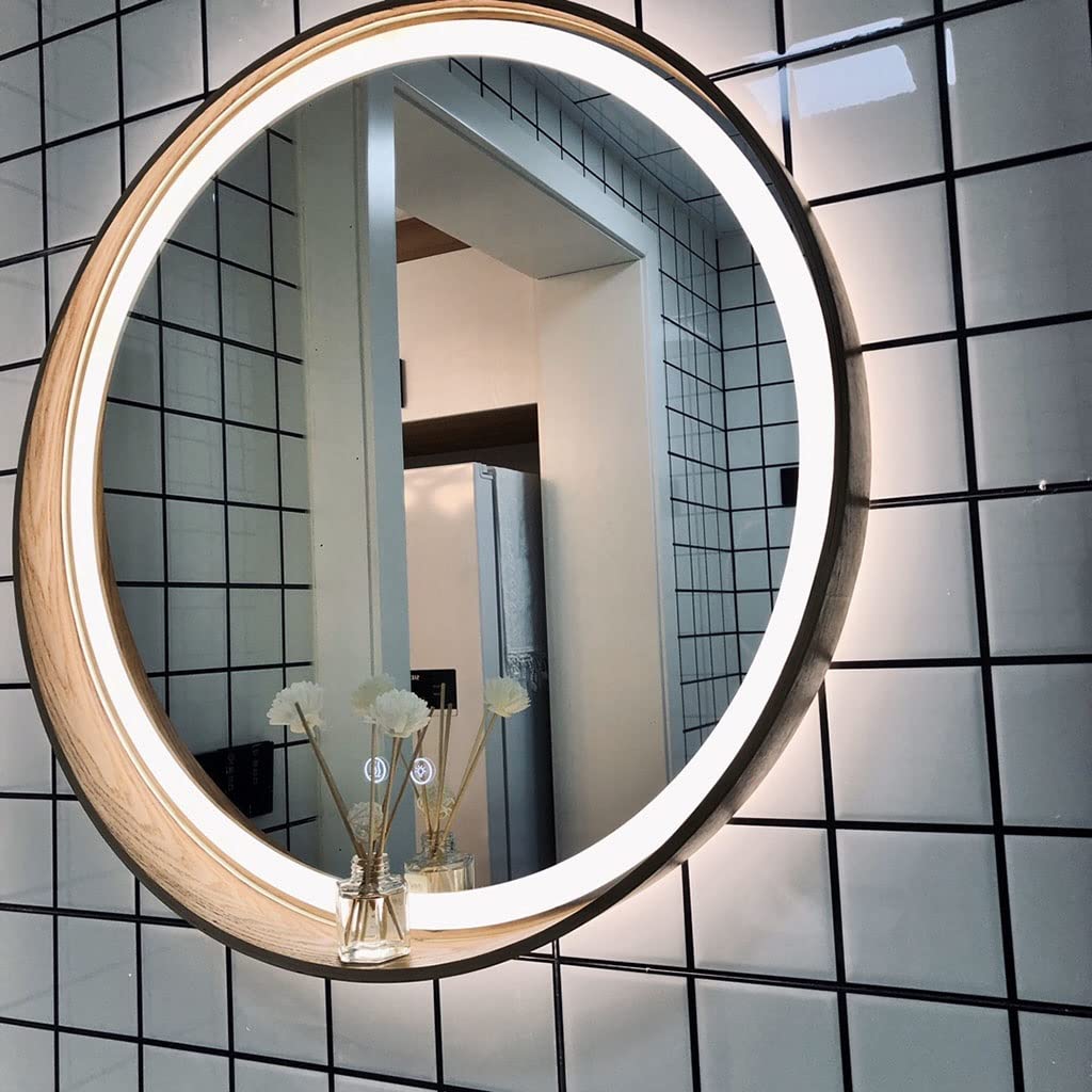 Specchio da Parete con luci a LED, Specchio portaoggetti Specchio da Bagno Illuminato dimmerabile Continuo ， Rotondo 50/60/70/80cm (Color : Walnut Color, Size : 50cm)