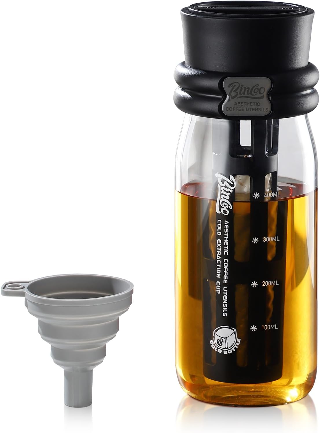 Bincoo Borosilicate Glass Cold Brew Coffee Maker-600ml,Leak-Proof,Cold Brew Bottle with Fine Mesh Filter & Silicone Funnel,Multi-Functional for Coffee & Fruit Tea (Black)