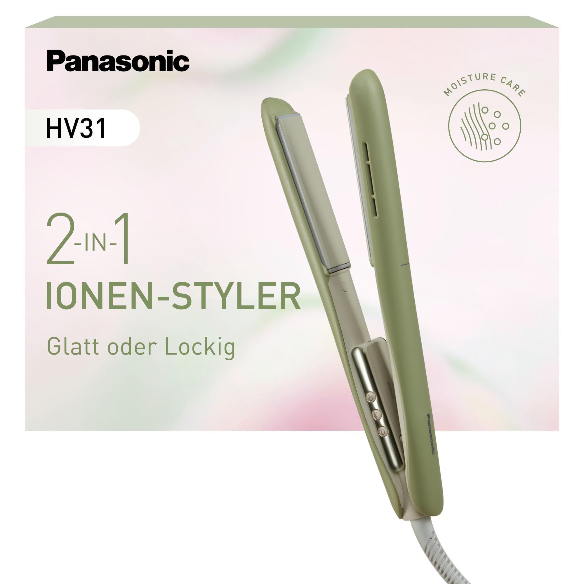 Panasonic EH-HV31-G503 2-in-1 Ionisches Haar-Styling-Gerät, Haarglätter und Lockenstab, 5 Hitzestufen bis 210°C, 3D-Platten, Reisesperre, Auto-Spannung, Matcha-Grün