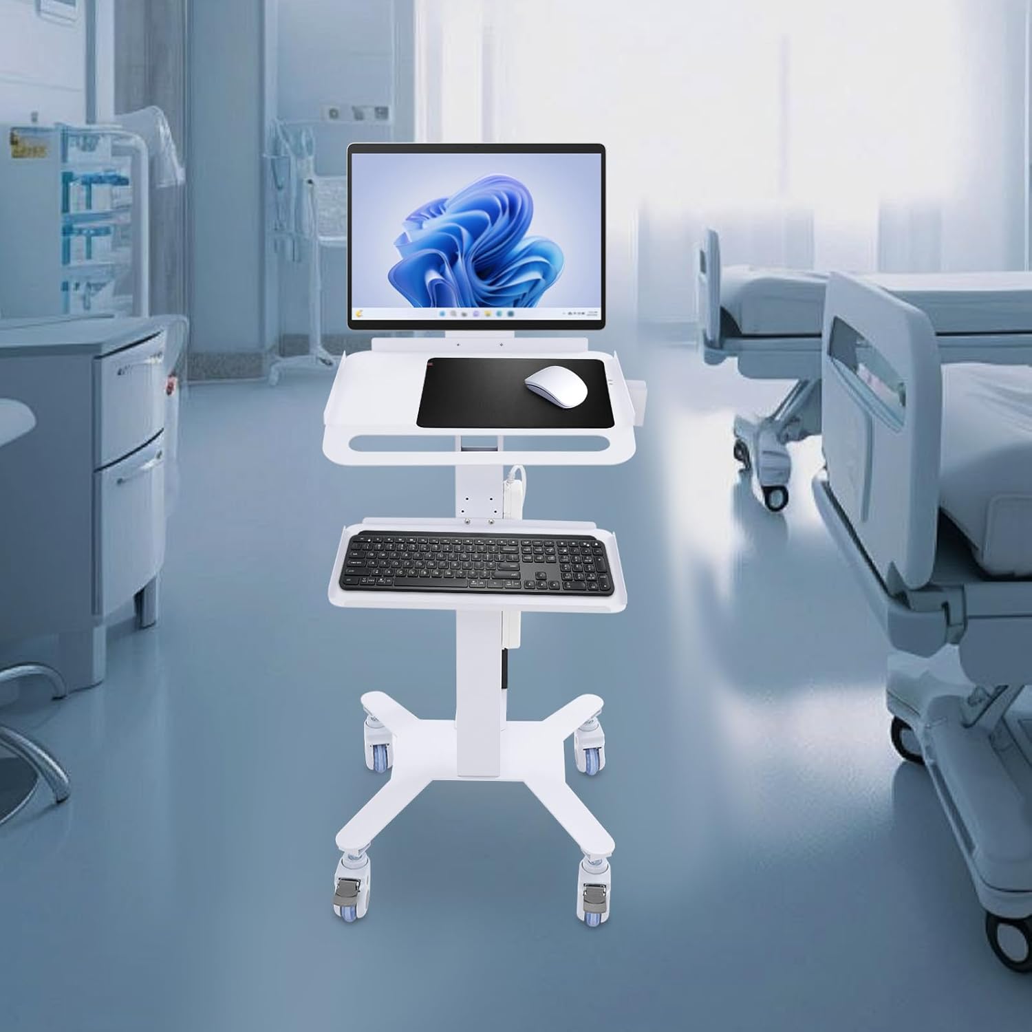 Adjustable Rolling Computer Cart, Mobile Standing Workstation with Display Bracket, Adjustable Height Computer Cart with 4 Wheels, for Placing Computers, Laptops, Display Screens, Printers