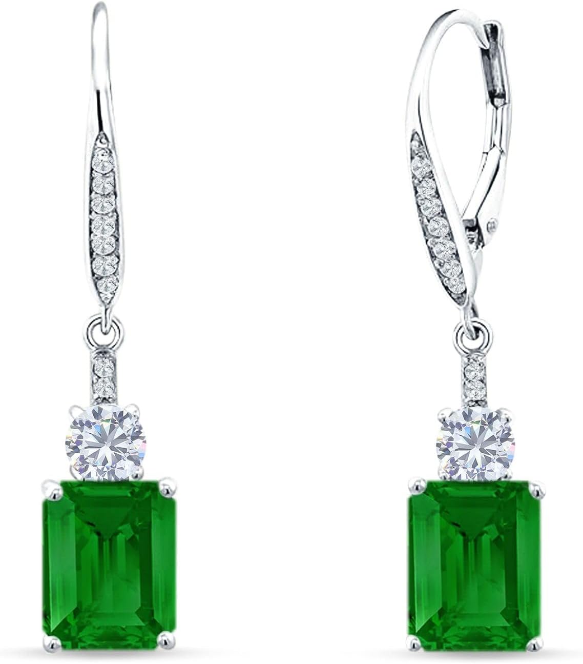 Emerald Cut Classic Designer Oblong Hoop 34mm Drop Dangle Leverback Earring Cubic Zirconia Solid 925 Sterling Silver