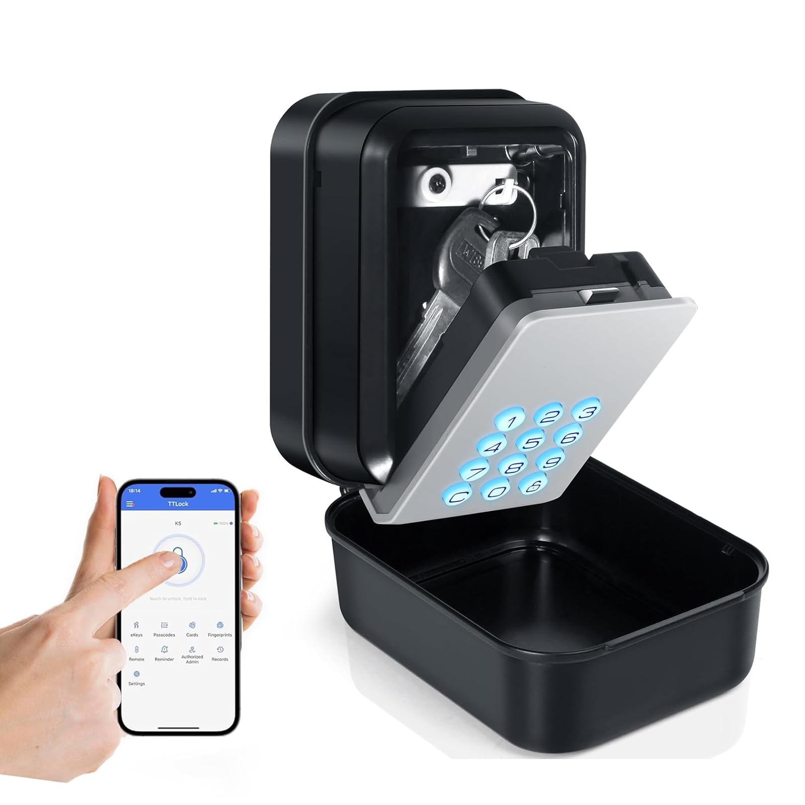Caja de Seguridad para Llaves Bluetooth, Caja Llaves Combinacion Montaje Mural Aplicación móvil y código PIN Caja de Seguridad Con Código Exterior para Airbnb, Oficinas, Hogares, Garajes y Visitantes