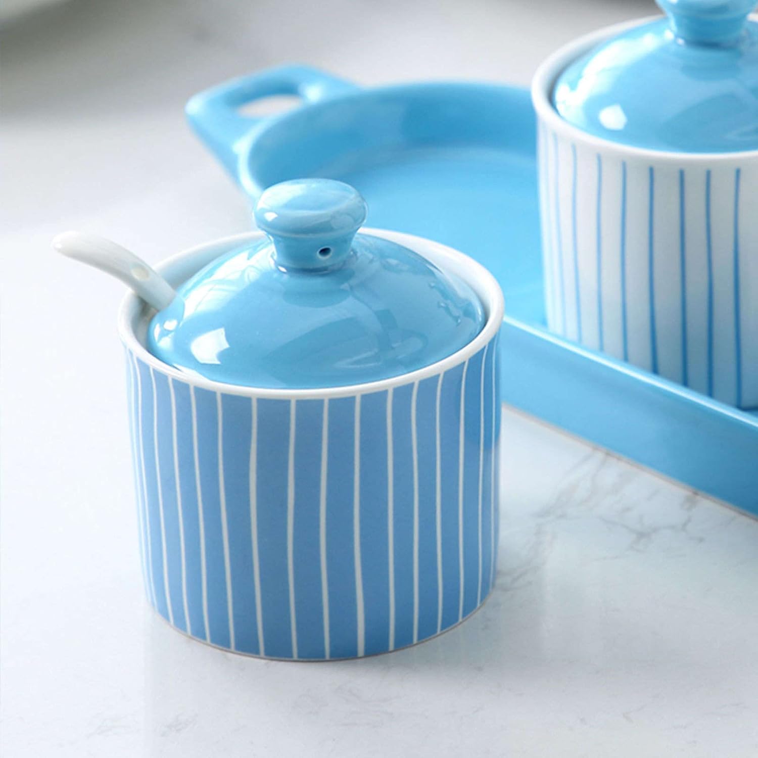 Sugar bowlNordic Blue Sugar Bowl with Lid Kitchen Decoration Storage Jar Sugar Pot Moisture-Proof and Dust-Proof Spice Jar for Coffee-Red-250ml,Yellow-One Size