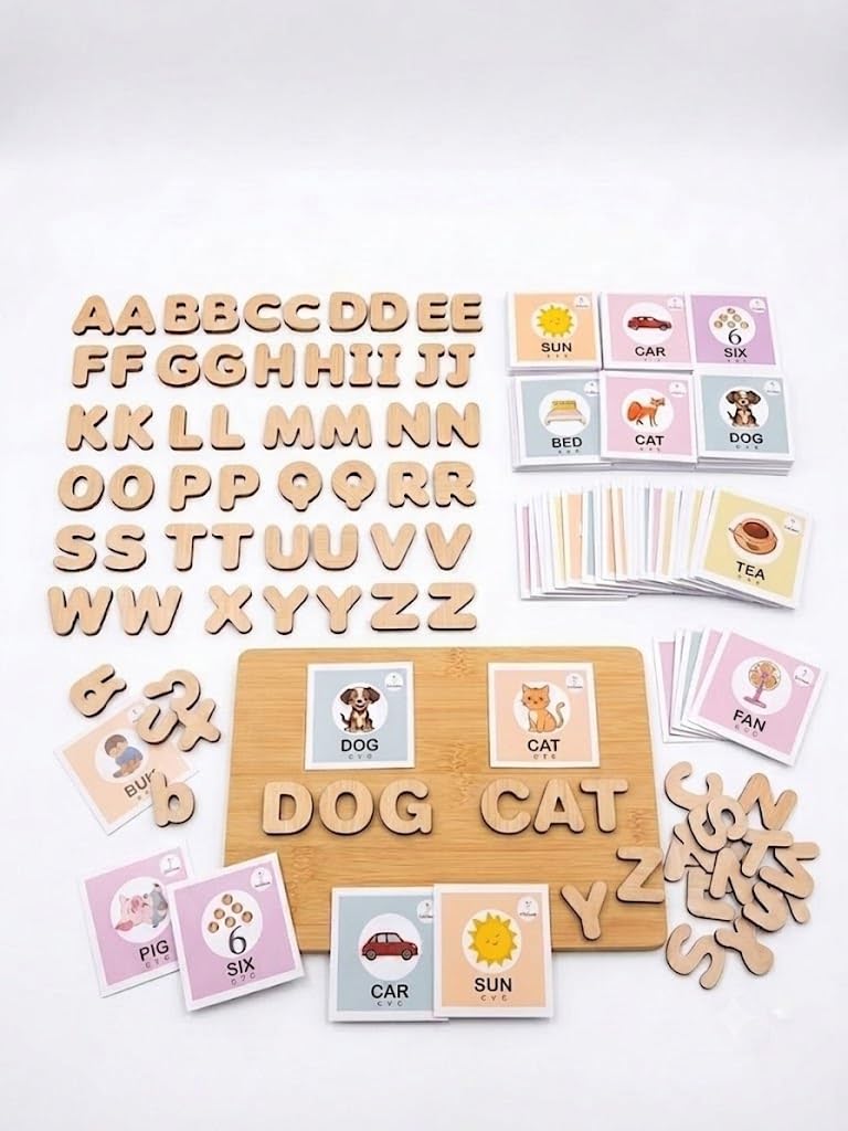 Tantrums Wooden Spelling Game & Phonics Word Builder – 35 CVC Flash Cards & 2 Full Alphabet Sets (A-Z) – Montessori Educational Reading Toy for Preschool & Kindergarten with Storage Box-image-36