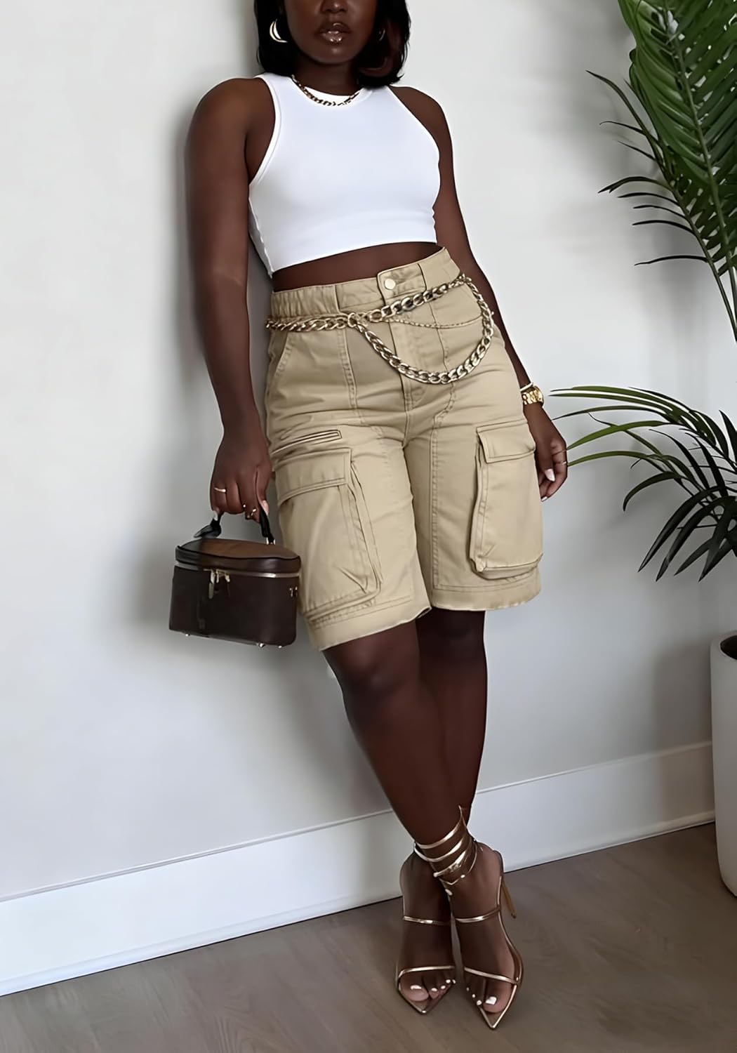 LETSVDO Women's Cargo Jean Shorts High Waisted Straight Leg Bermuda Casual Baggy Long Denim Shorts with Pockets