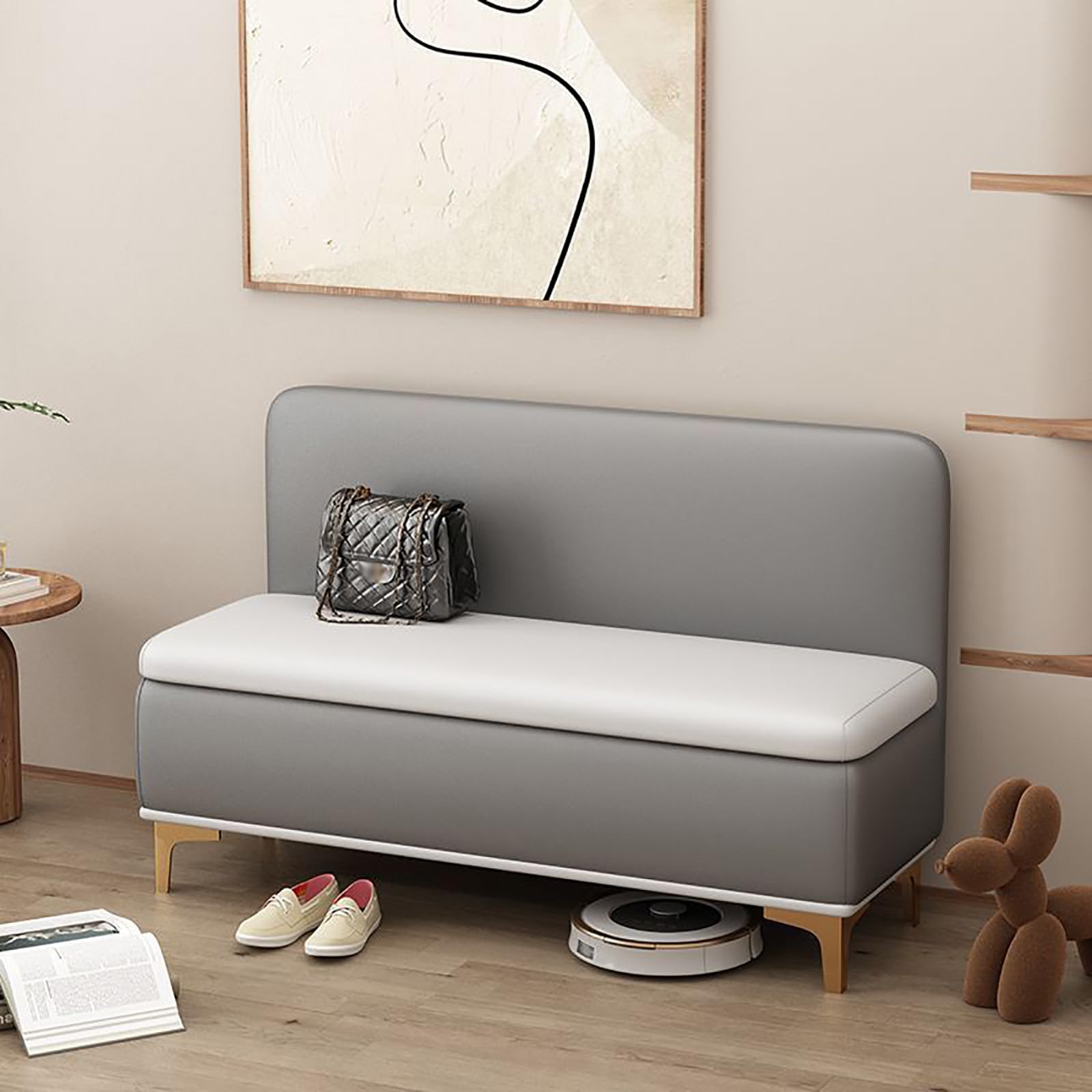 Massivholzbank mit hoher Rückenlehne, gepolstertes Schuhregal, Ottomane für Wohnzimmer, Büro, Flur, Maße: 80 cm, optionale Aufbewahrung
