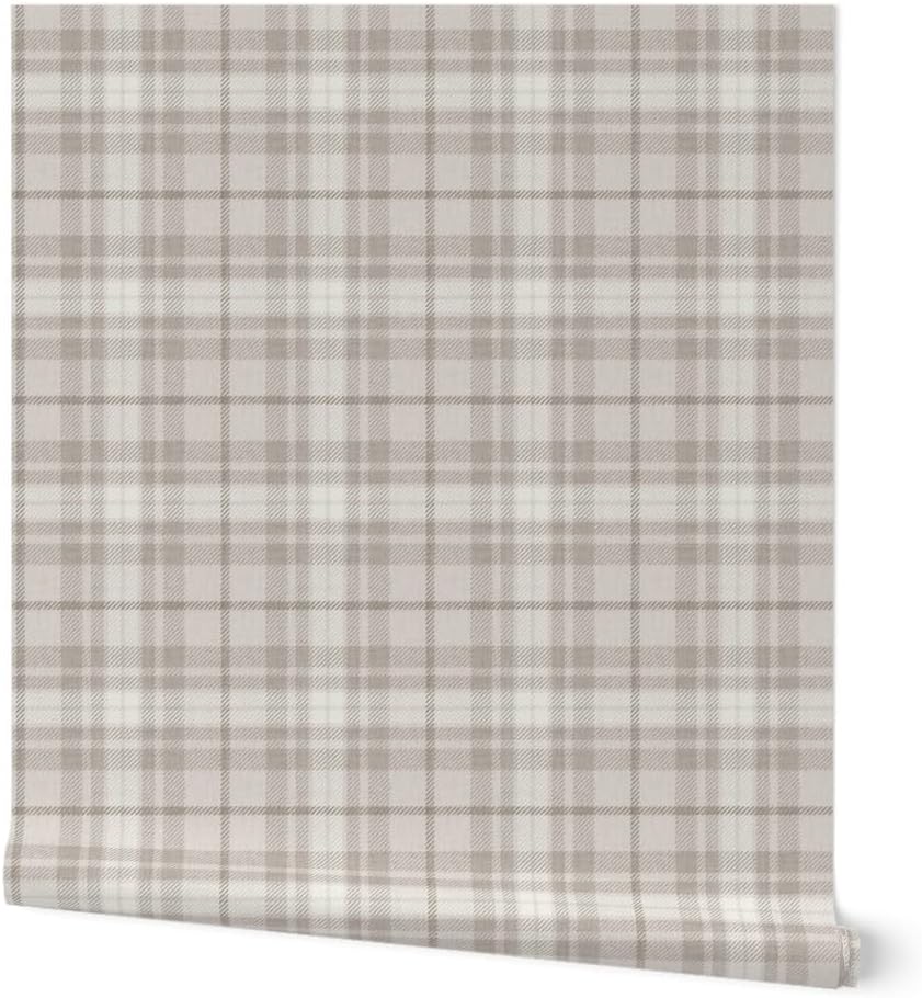 Spoonflower Peel & Stick Wallpaper 6ft x 2ft - Taupe Neutral Plaid Classic Tartan Khaki Autumn Cozy Rustic Farmhouse Cottage Custom Removable Wallpaper