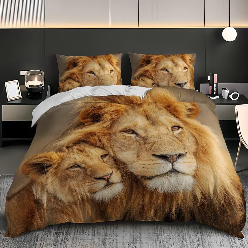 Primo Piano Del Leone Animale Copripiumino 2 Persona con Cerniera 250x200 cm Marrone Set Biancheria da Letto in Microfibra, Lavabile in Lavatrice, per Bambini, Adolescenti e Adulti