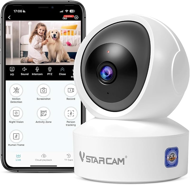 VSTARCAM Cámara para mascotas de 3 MP para interiores con aplicación de teléfono, cámara de seguridad interior de 360° con visión nocturna en color, detección de movimiento y audio bidireccional, SD 24 horas al día, 7 días a la semana y almacenamiento en la nube 02
