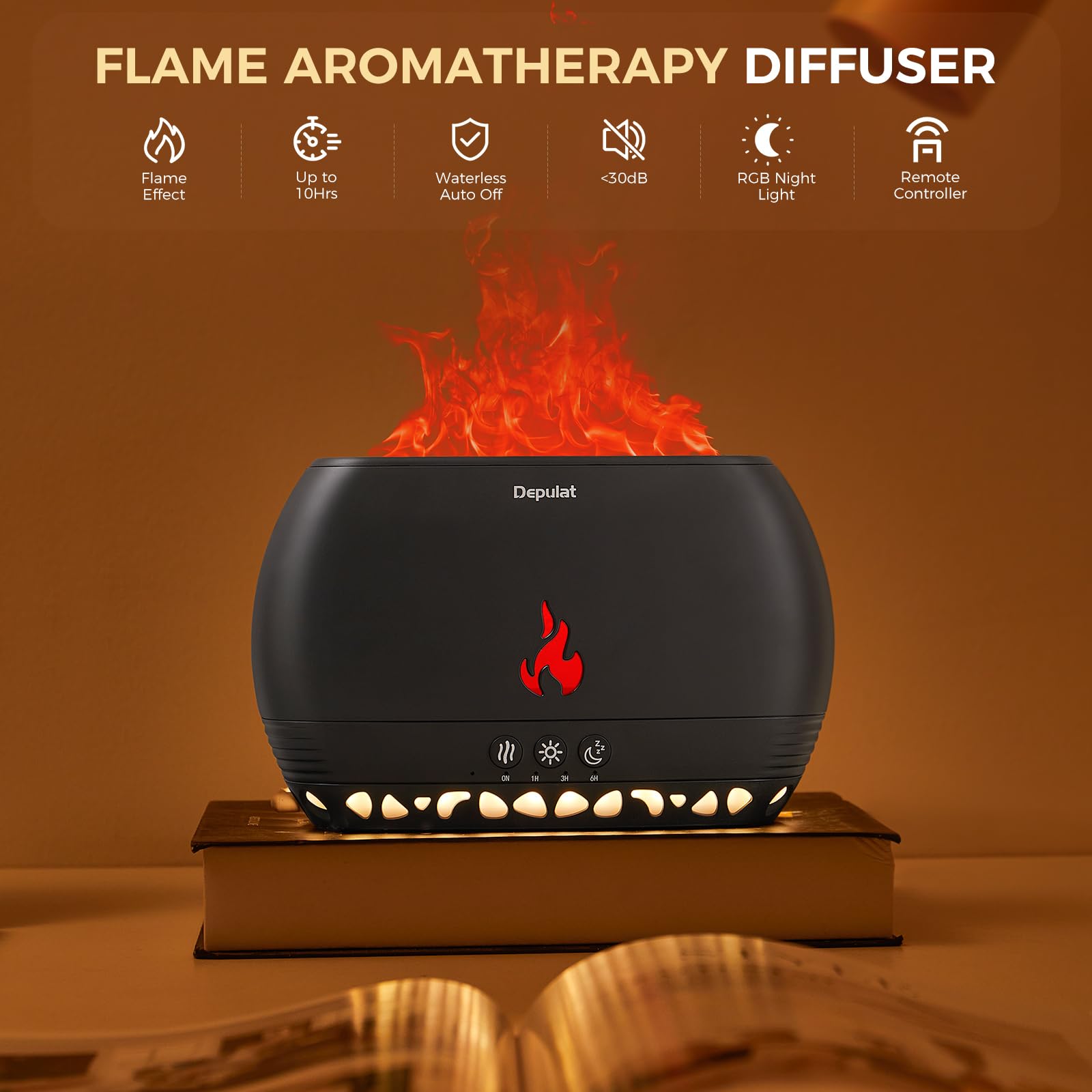 POSVIU Fire Flame Diffuser with 7 RGB Colors, Remote Control LED Auto-Off Flame Aroma Diffuser with Power Adapter & Audio Bluetooth, Room Decor, 350ml Essential Oil Diffuser for Comfortable Rest