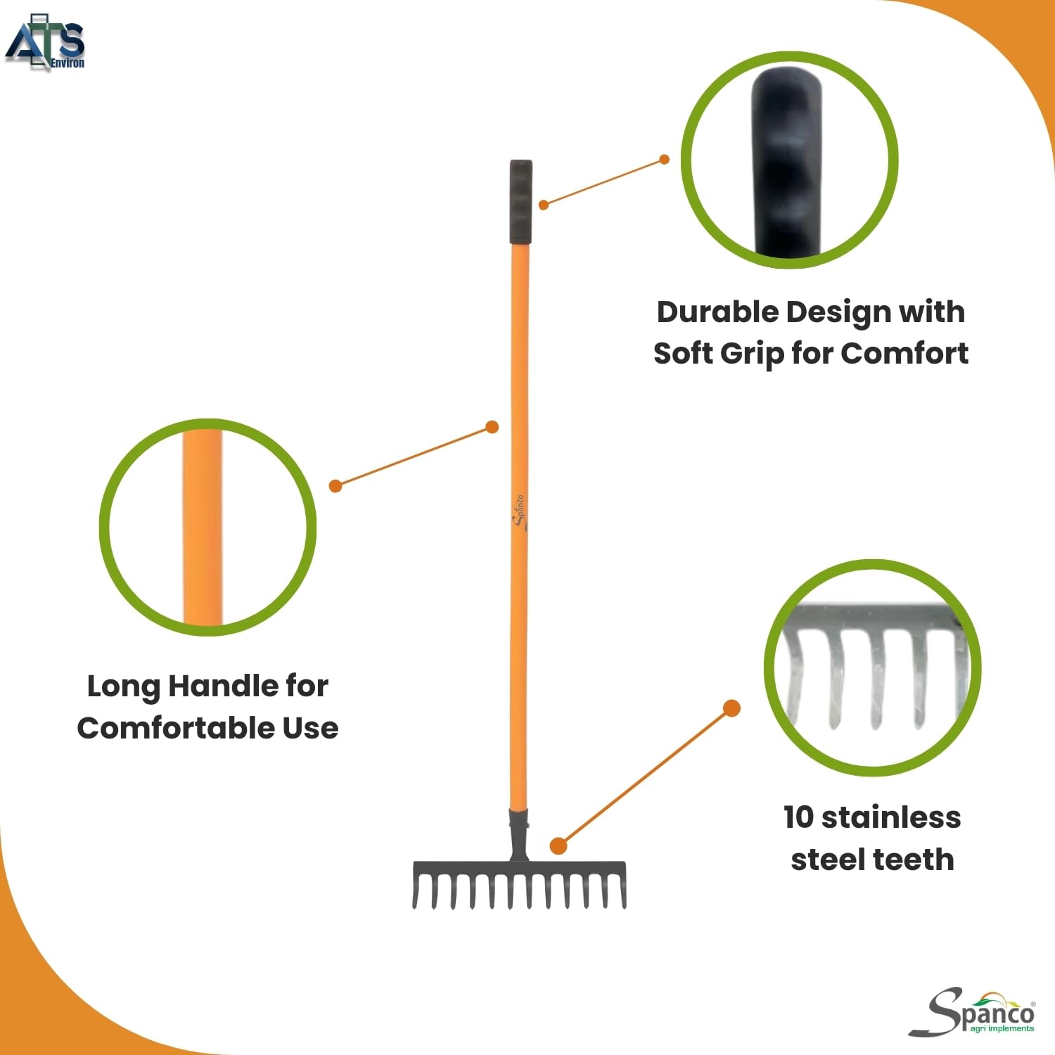 Spanco Heavy Duty Garden Rake (12 Teeth) Adjustable with Long Handle for Quick Clean Lawn, Garden Leaf and Garbage Hand Cultivator - Image 3 thumbnail