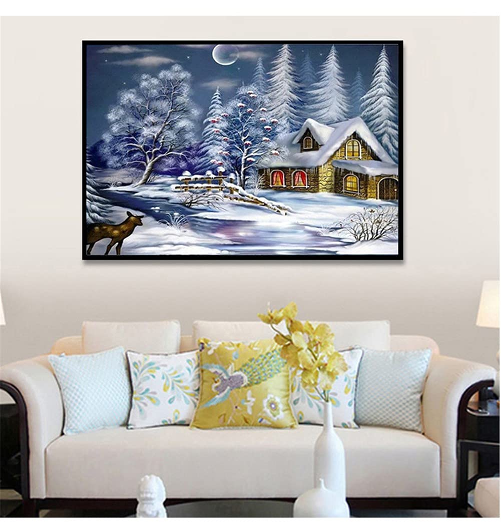 Cottage vue neige DIY 5D peinture diamant grand format pour animer les soirées d'hiver en famille