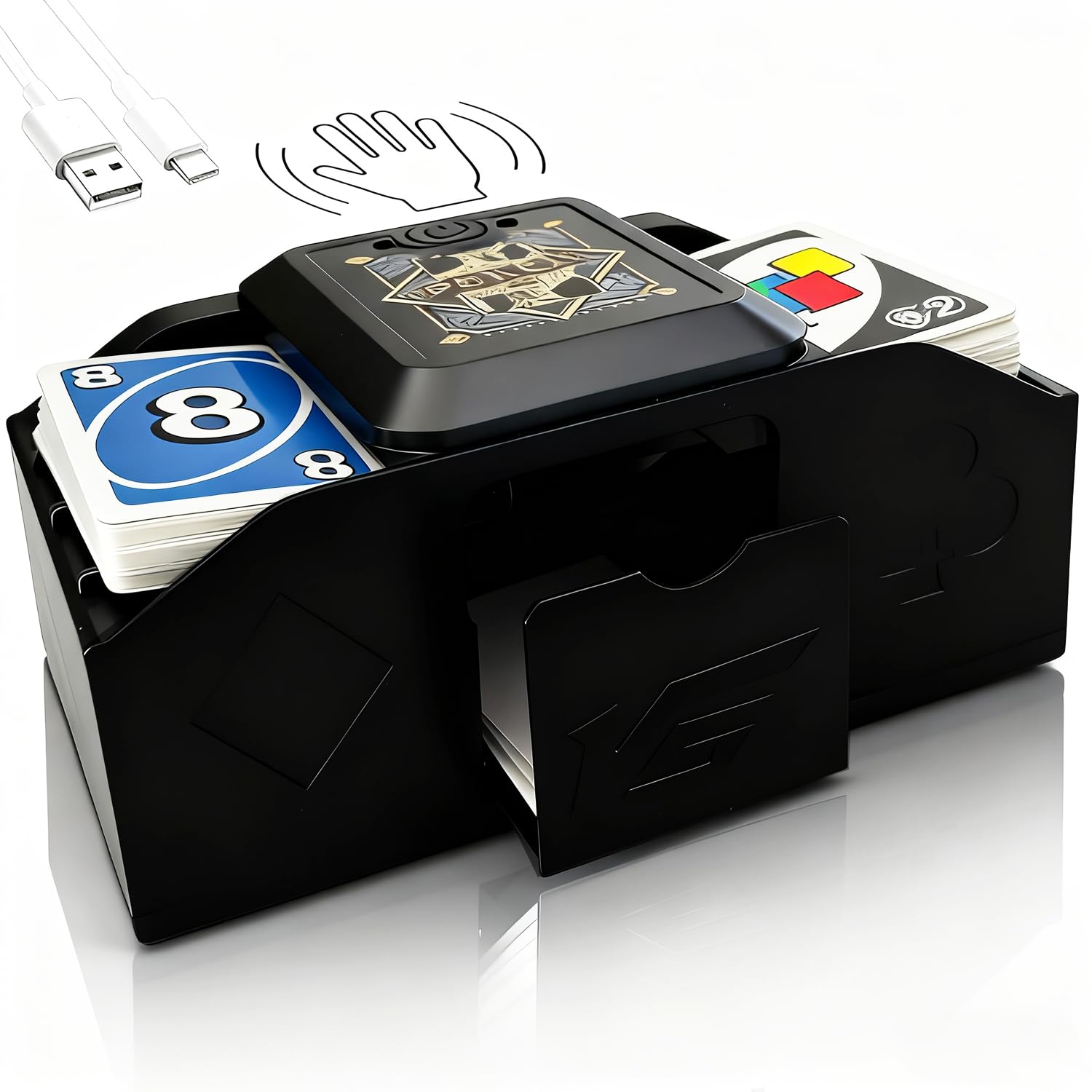 Mischia Carte Automatico Induttiva, Mescolatore Automatico di Carte 1-2 Mazzi, Card Shuffler Funzionamento a USB/Batteria, Mescolatore Elettrico da Poker per Uno, Skip-Bo, Phase 10, Blackjack