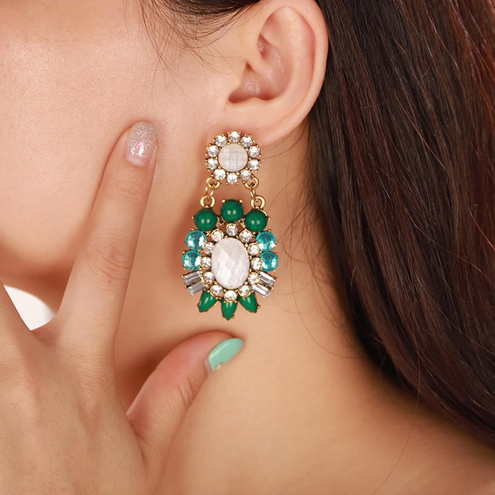Denifery Rhinestone Dangle Statement Earrings for Women Turquoise Earrings Crystal Chandelier Drop Earrings Fashion Earrings for Prom Wedding (Green) - Image 3