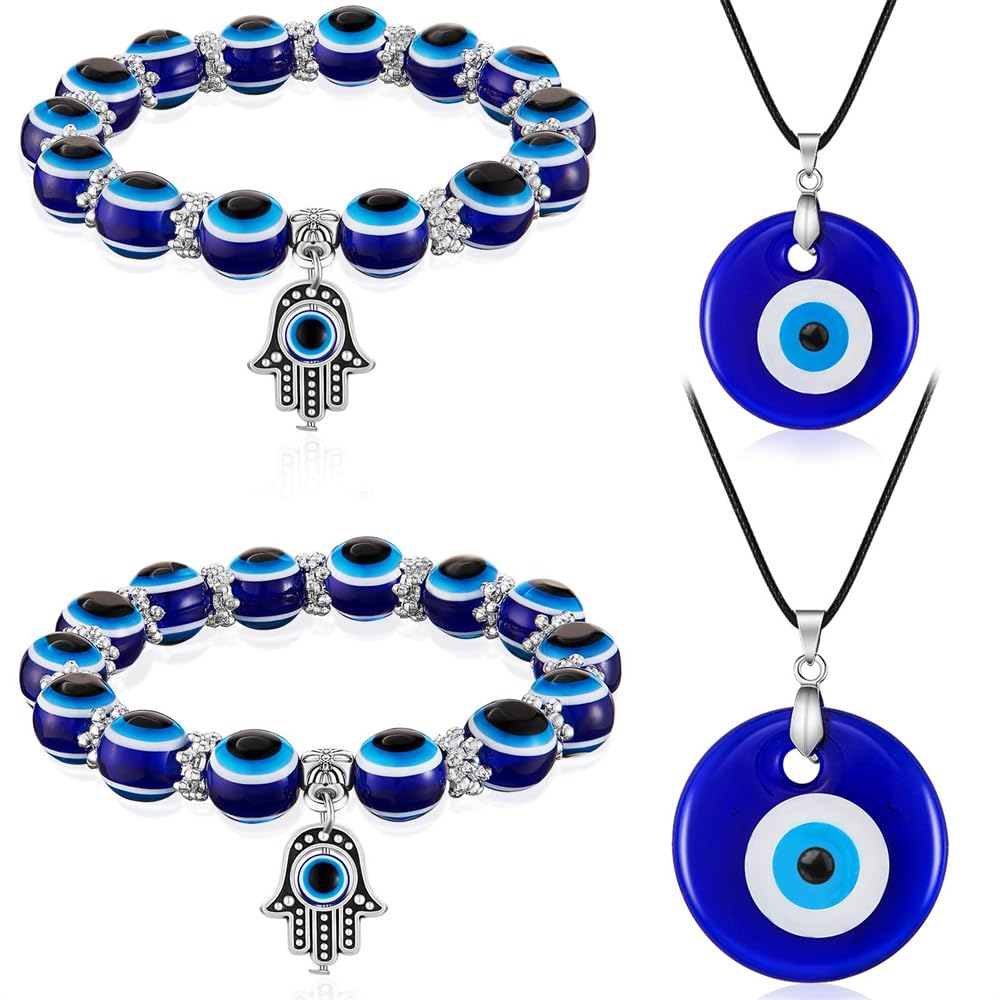 YARDHOBI 4 Pieces Evil Eye Jewelry Set - Necklace, Bracelet, Third Eye, Blue Bead Hamsa Hand Stretch Bracelet and Glass Eye Faux Leather Rope Chain Necklace for Women and Men