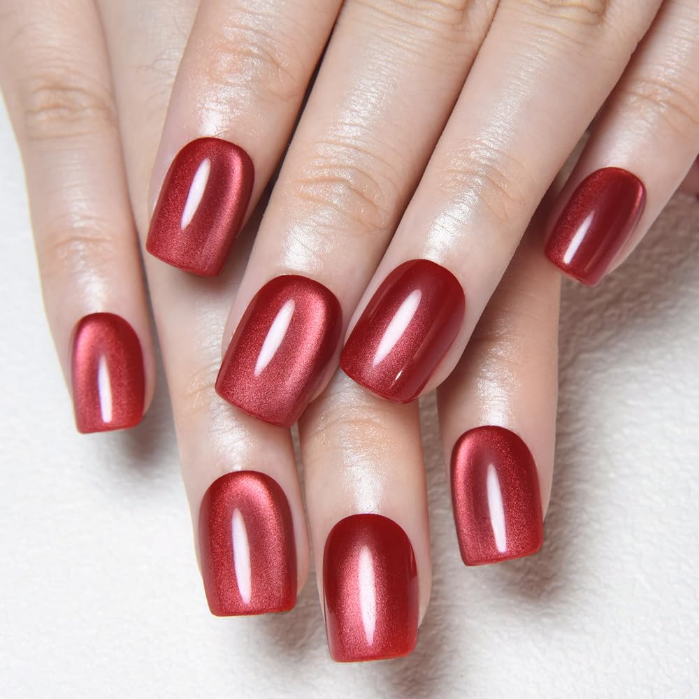 evpct Red Cat Eye Extra Short Press on Nails Square, Petite Short Square Stick on Nails for Women Gift, Real Red Metallic Glitter Glossy Reusable Soft