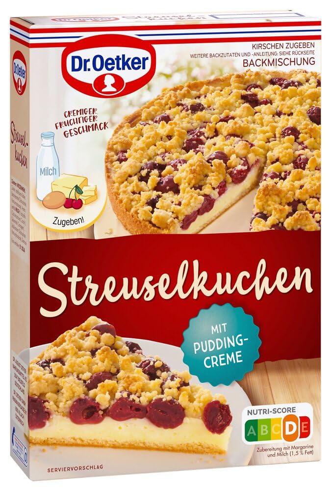 Dr. Oetker Streusel Kuchen, 8 x 485 g, Backmischung für Streuselkuchen mit Kirschen & Puddingcreme, gelingsichere Zubereitung, vegetarisch