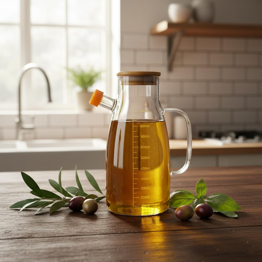 Deconox Borosilikat Cam Yağlık - Bambu Kapaklı ve Ölçü Çizgili Sirkelik | Damlatmaz Ağızlı, Isıya Dayanıklı, Kurşunsuz Yağdanlık (1000 ml)