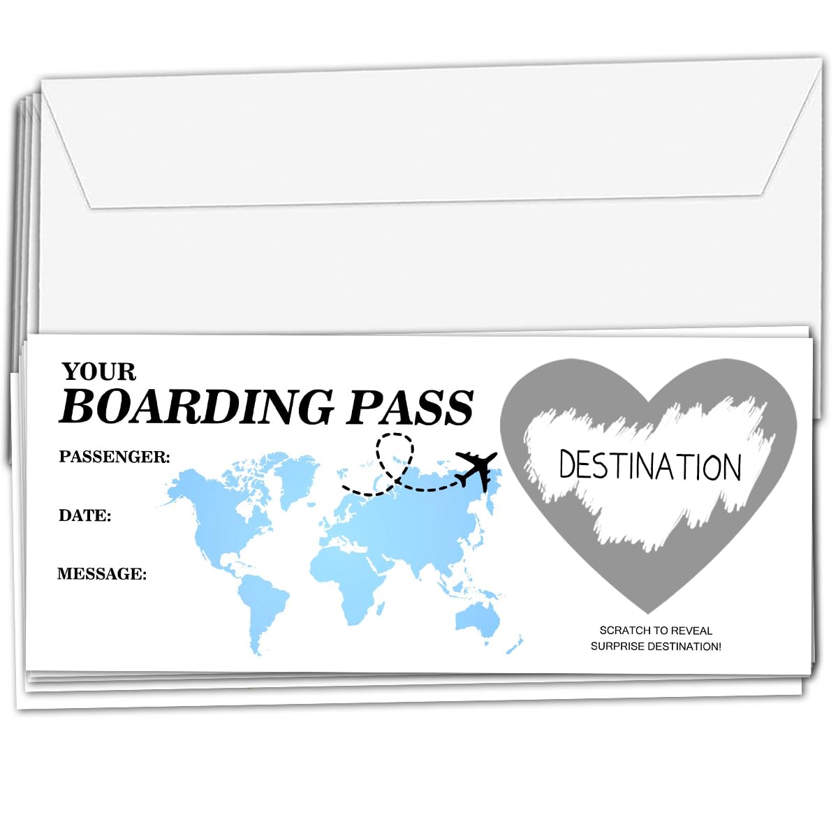 Scratch Off Boarding Pass, Silver Surprise Reveal Cards (5 Set), Surprise Trip Travel Gifts for Holiday, Christmas, Birthday, Wedding, Anniversary, Party Supply-A09