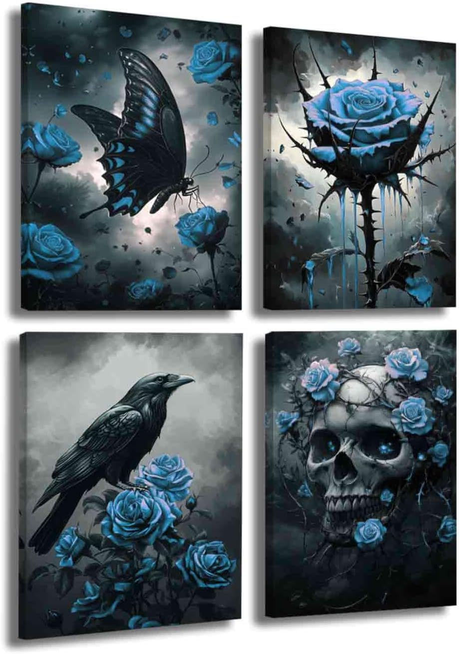 LZIMU 4Pcs Gothic Wall Art Romantic Rose Picture Raven Crow Butterfly Skull Canvas Print Dark Goth Horror Aesthetic Poster Black White Painting Halloween Home Decor (Blue, (8x12inx4 Pieces))
