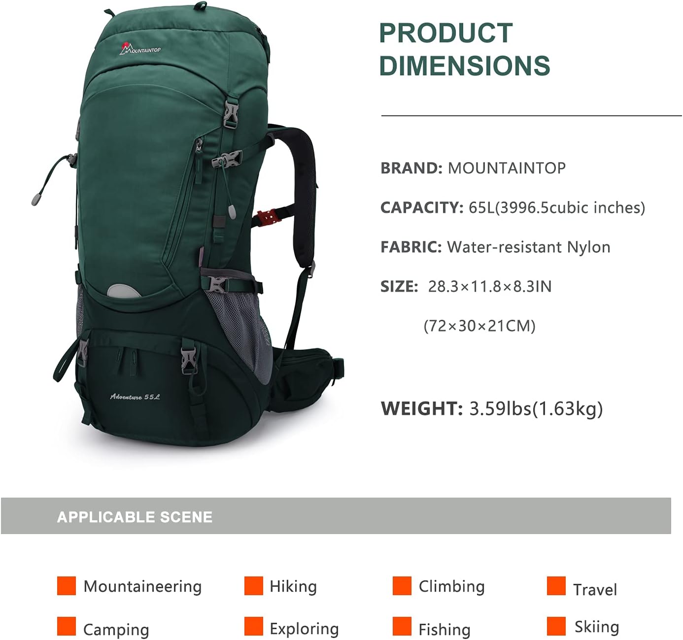 MOUNTAINTOP 55L Internal Frame Backpack Backpacking Backpack for Men Women : Sports & Outdoors