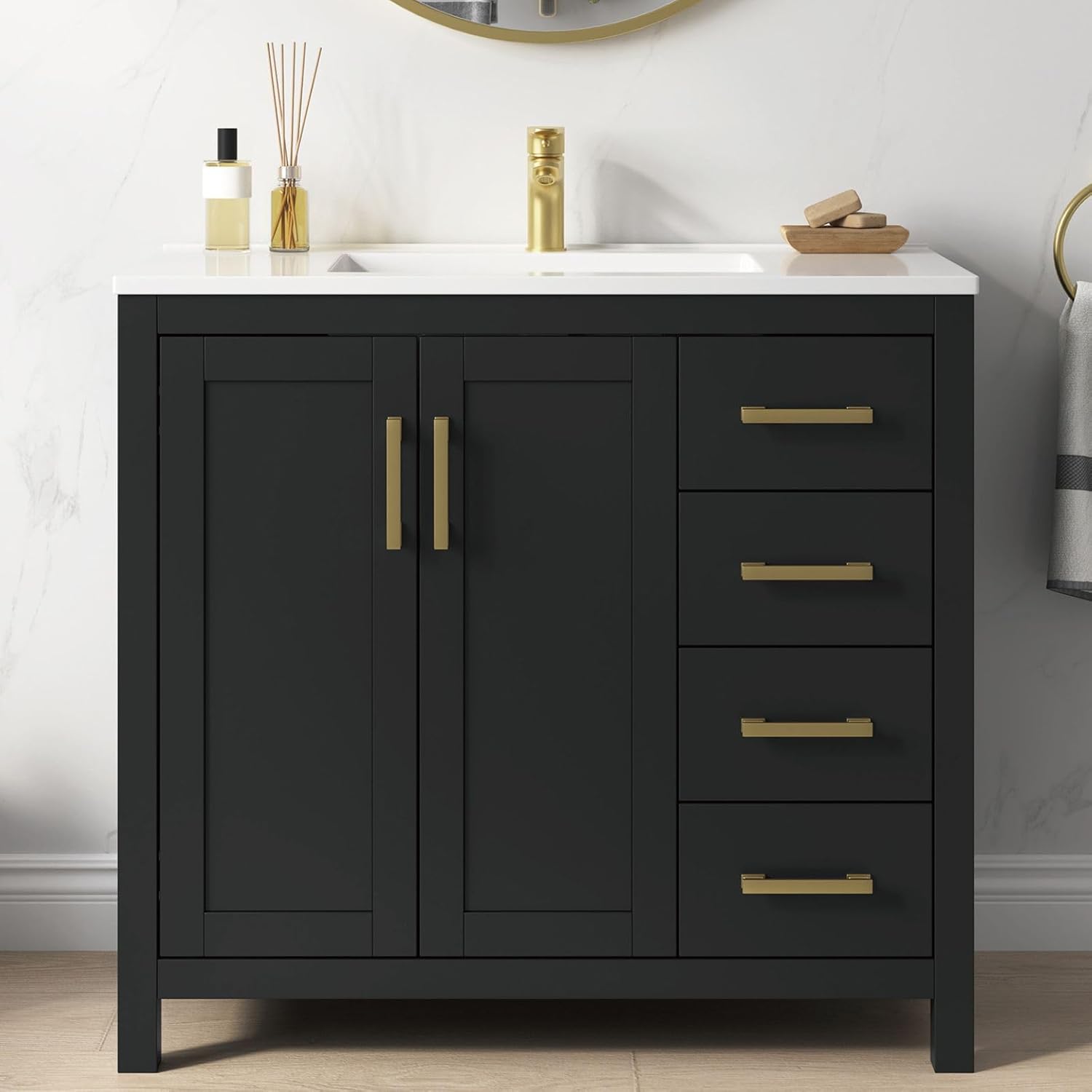 DELUXELIVING 36 Inch Black Bathroom Vanity with Integral Sink, Soft-Closing Doors, 4 Drawers & Adjustable Feet
