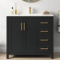 DELUXELIVING 36 Inch Black Bathroom Vanity with Integral Sink, Soft-Closing Doors, 4 Drawers & Adjustable Feet