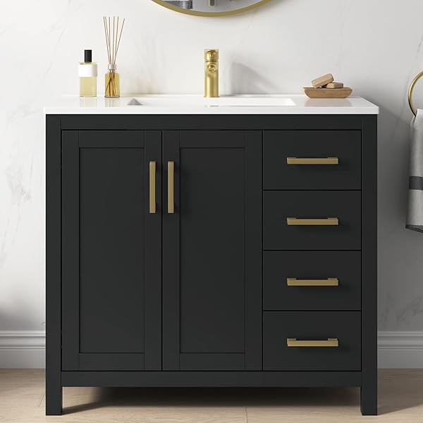 36 Inch Bathroom Vanity with Sink, Black Single Sink Bathroom Vanity with Integral Top, Modern Bathroom Sink Cabinet with Soft-Closing Doors & Drawers, Adjustable Feet