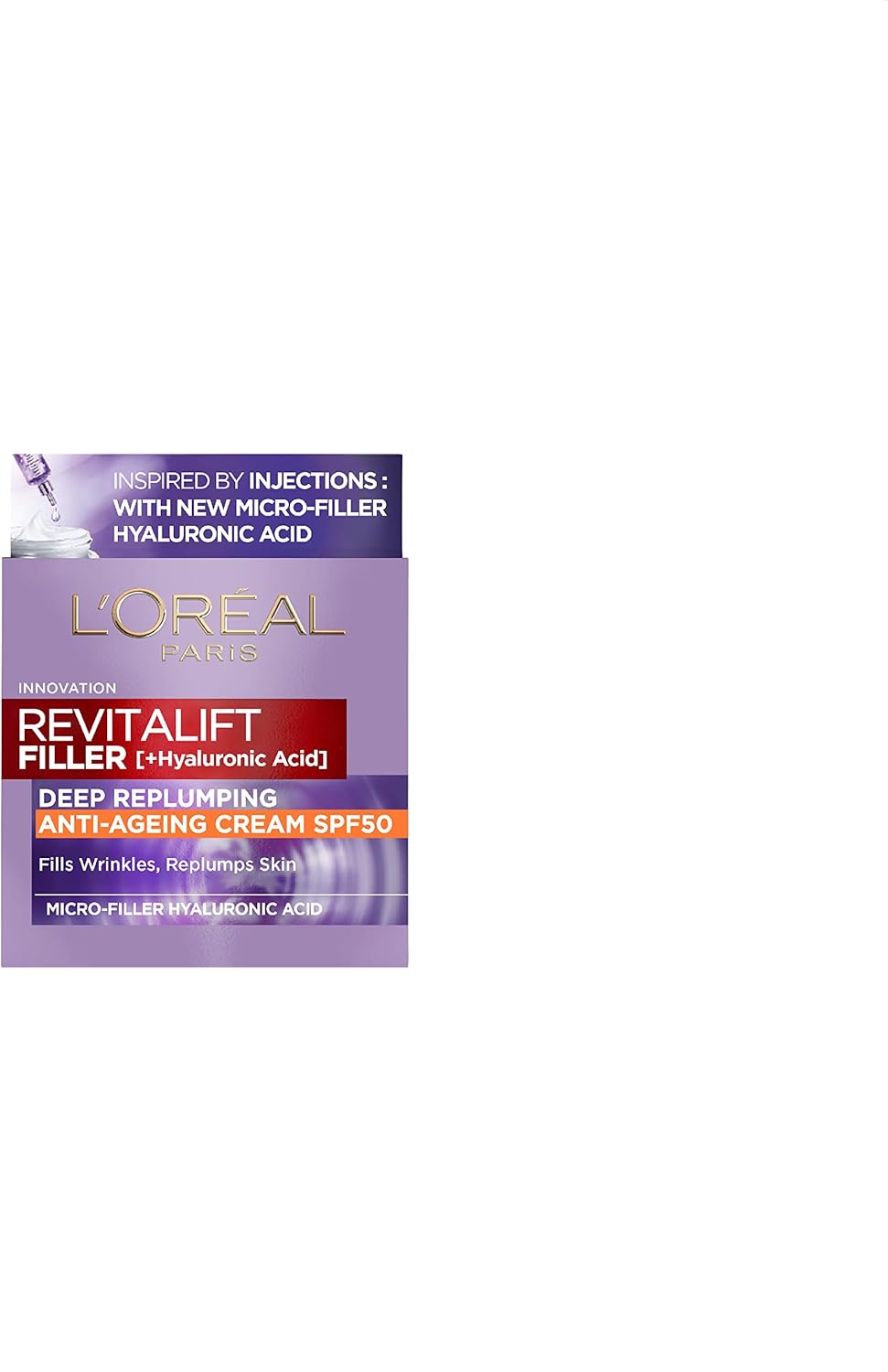 L’Oréal Paris Revitalift Filler Deep Replumping Anti-Aging Cream SPF 50 V Protection, Moisturizing, Intensely Moisturizes and Smooths Wrinkles with Macro, Micro and Microepider Mixers