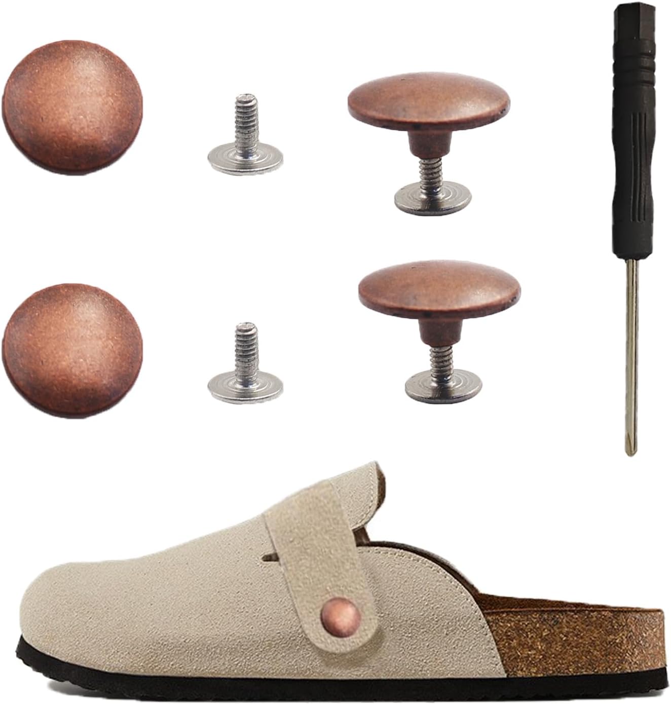 Replacement Rivets Button for Suede Clogs Shoes, Replace Rivets for Suede Cork Clog Potato Shoes with Screw Driver, Easy Installation Compatible with Footbed Clogs Repair Parts