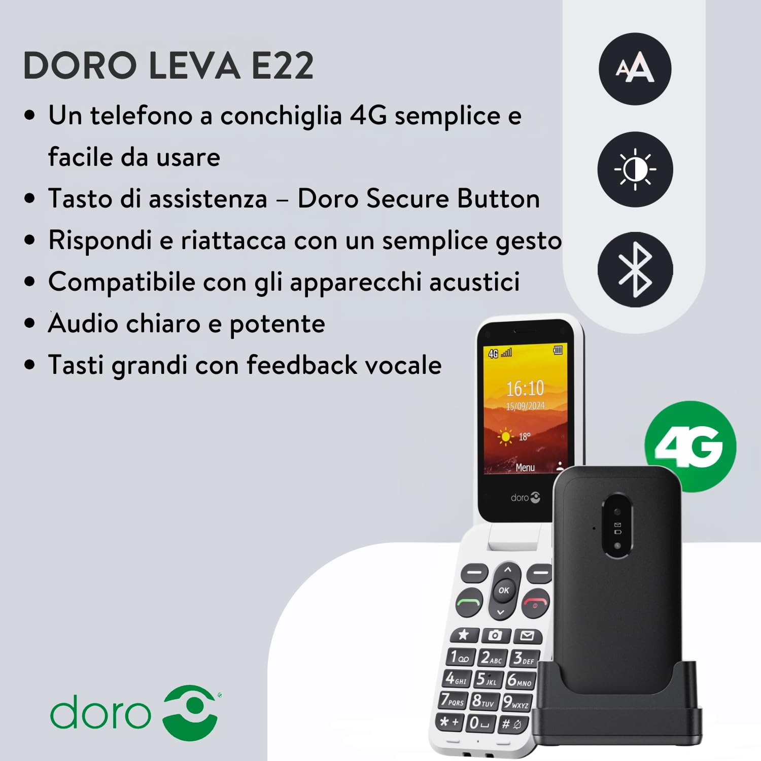 Doro Leva E22, Cellulare per Anziani 4G a Conchiglia, Schermo Grande 2.8", Tasti Grandi, Audio Chiaro, Fotocamera, Tasto SOS, Nero/Bianco