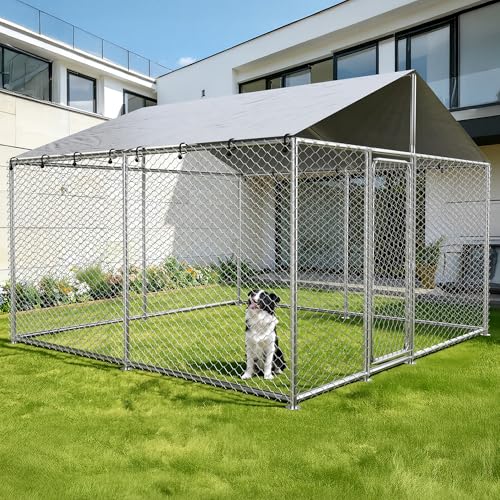 10x10 FT Outdoor Dog Kennel with Waterproof Roof - Heavy Duty Metal Exercise Pen, Weatherproof UV-Resistant Cover & Secure Locking for Large Breed Dogs（124 x 124 x 87IN）