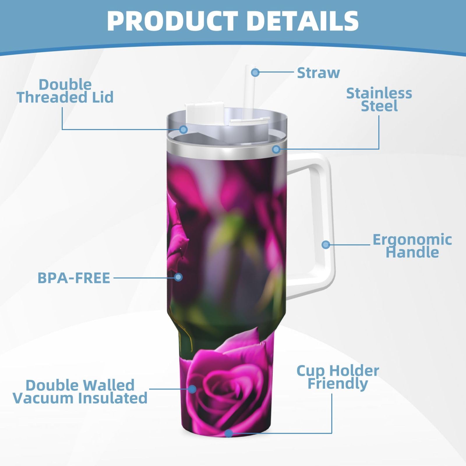 Purple Roses Ice Bully Wasserflasche aus Edelstahl, doppelwandig, isoliert, mit Griff und Strohhalm-Deckel, 1,2 l