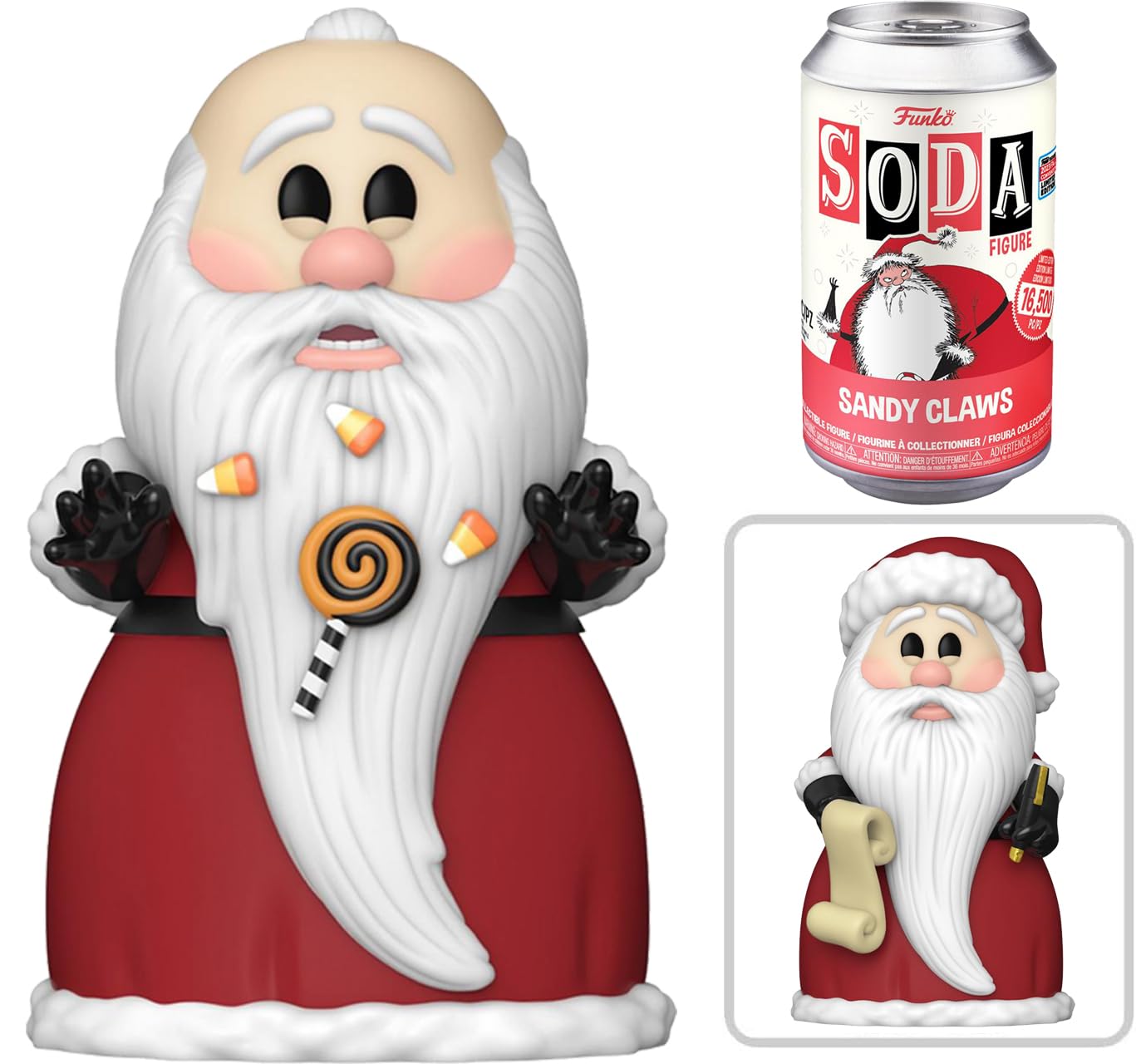 Nightmare Before Christmas Bundle - Jack Santa Figure, Sandy Claws Soda & Bitty Pop Collectibles
