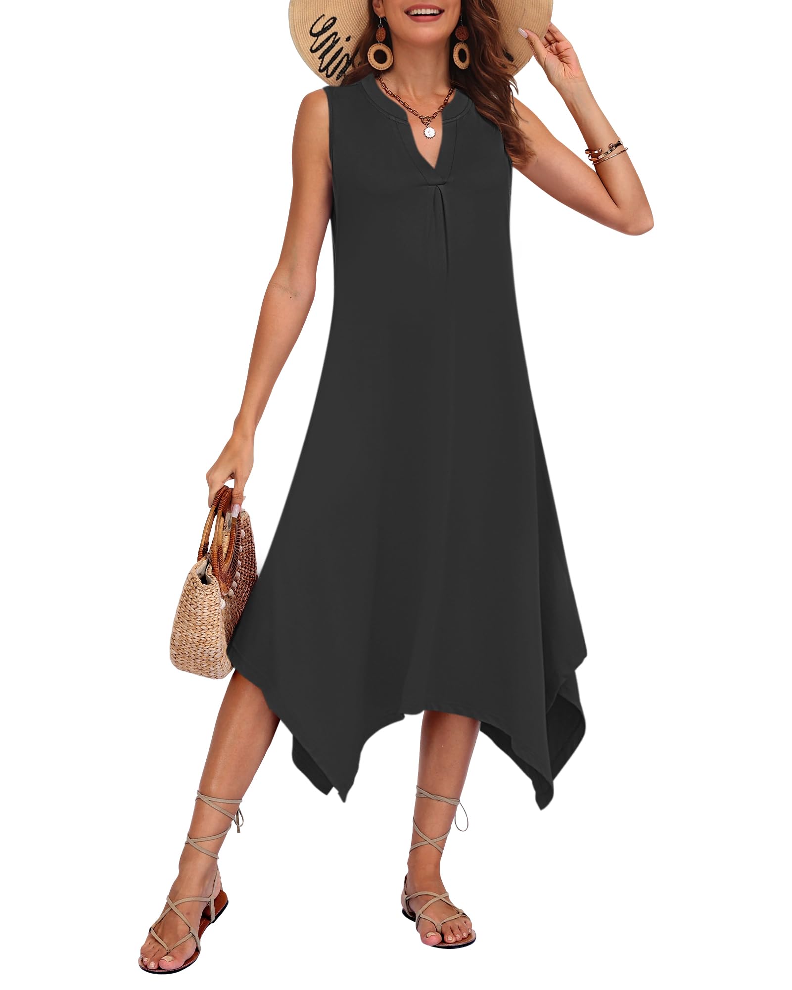 AUSELILY Womens Summer Midi Dress V Neck Sleeveless Casual with Pockets