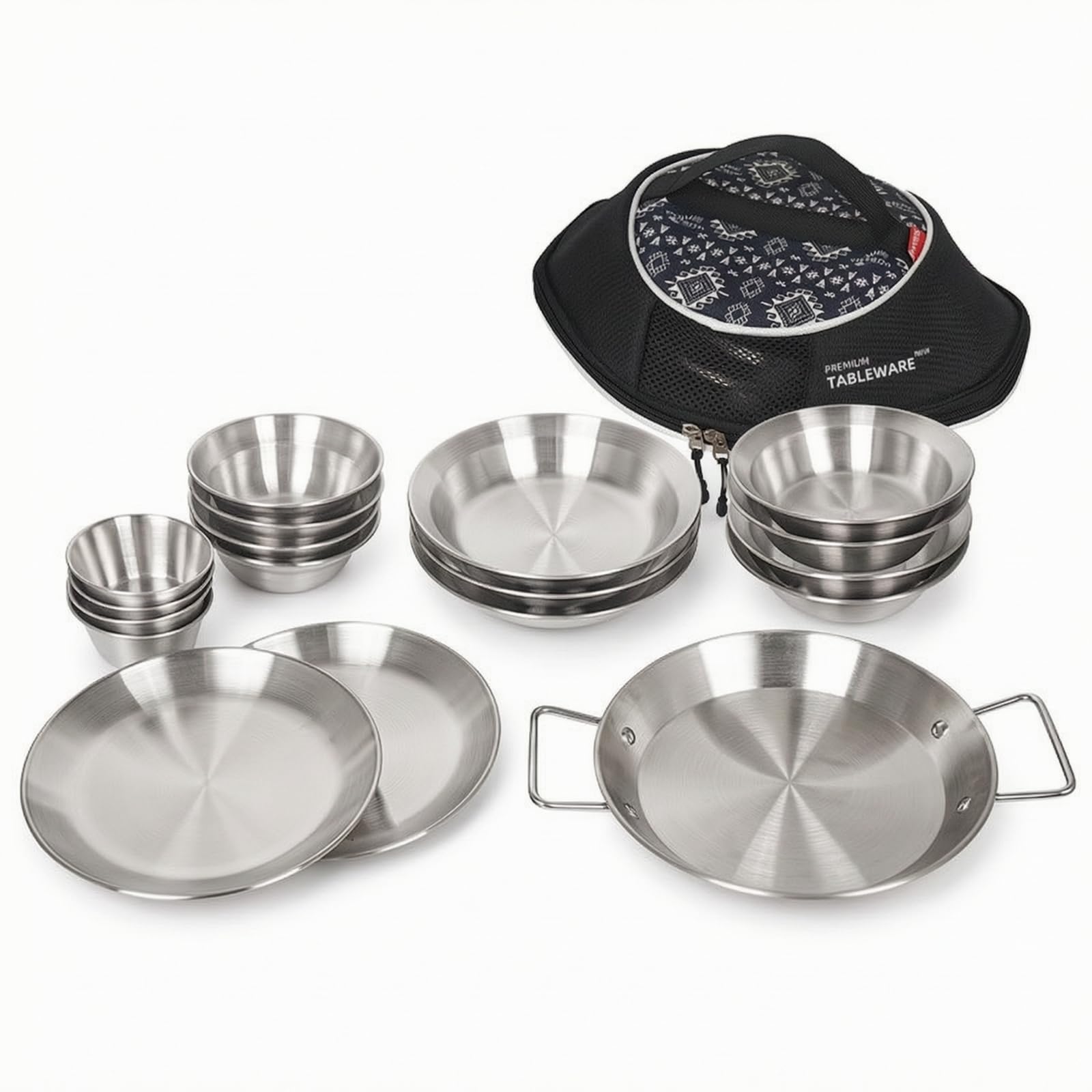 Milageto 18 Pezzi Stoviglie da Campeggio con Borsa Durevole Set da Campeggio in Acciaio Inox Antiruggine per Famiglie, Barbecue